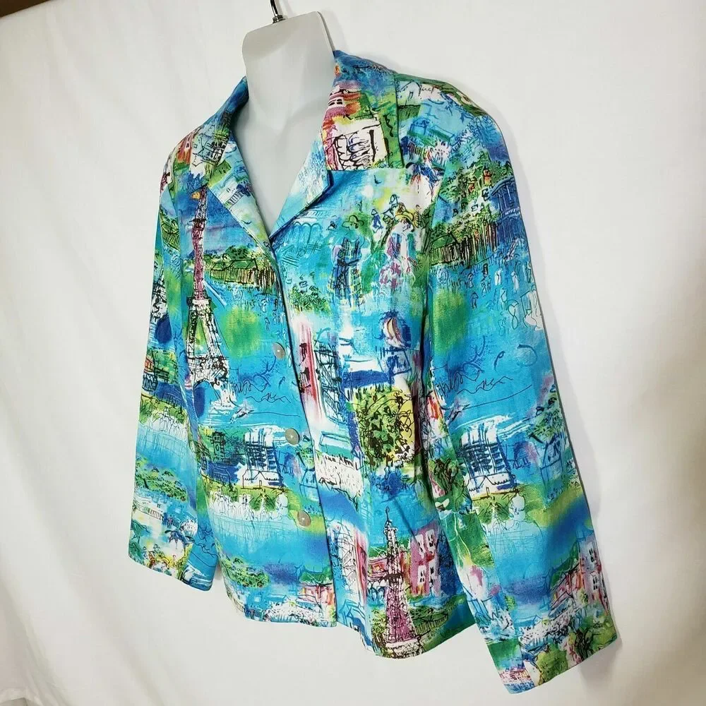 Coldwater Creek Petite Small Womens Jacket Linen Blend Blazer Paris Print Blue